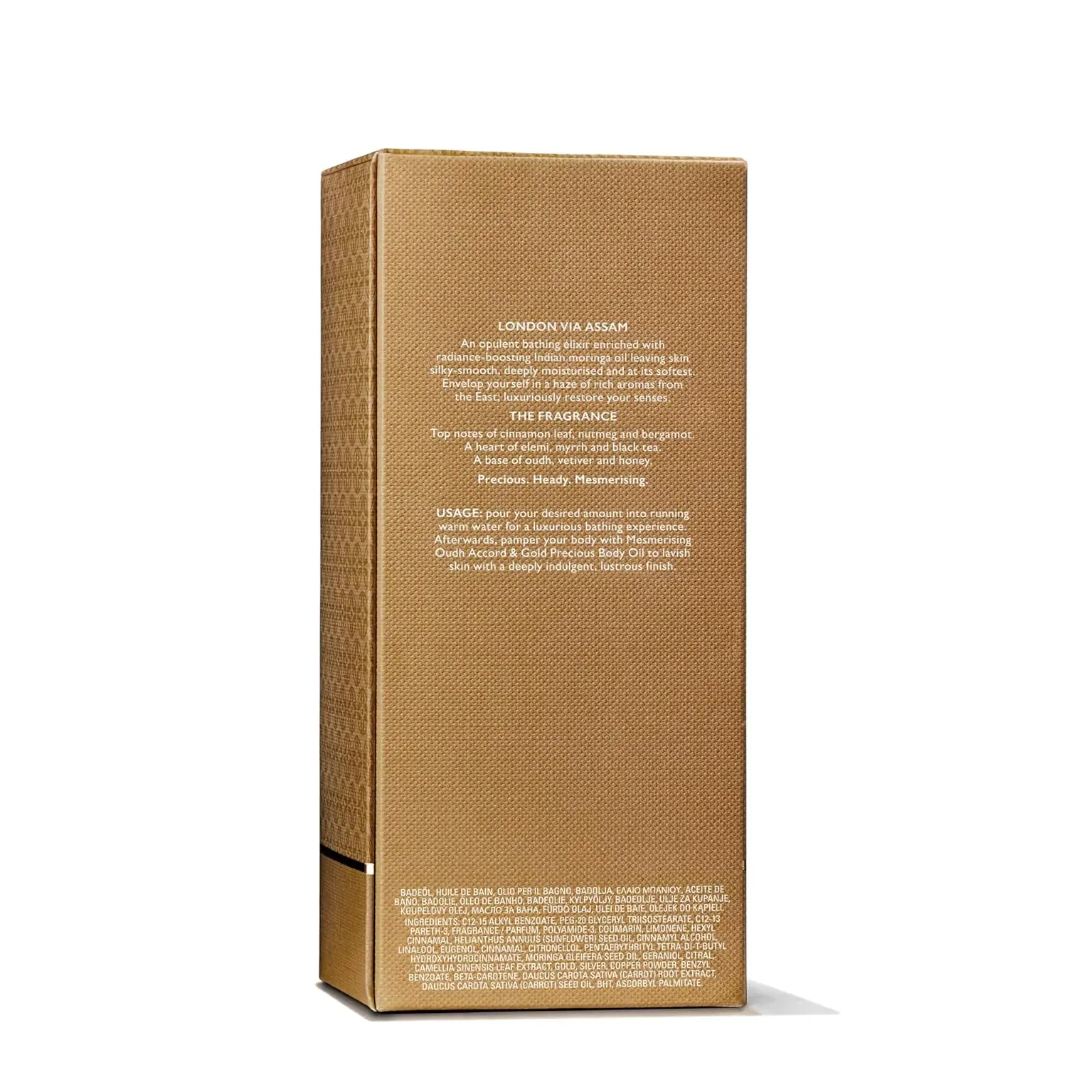 Luxurious Molton Brown bath oil infused with oudh, myrrh, honey, and real gold for a mesmerising and opulent bathing experience.