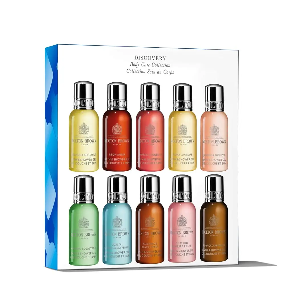 This Molton Brown Discovery Collection features ten travel-size bath and shower gels with long-lasting scents, beautifully packaged in a 100% recyclable, plastic-free gift box.
