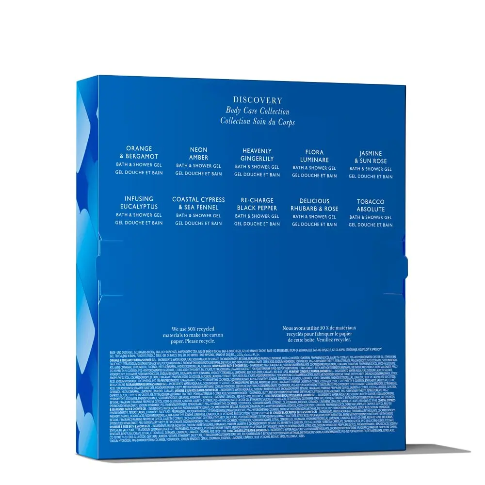 This Molton Brown Discovery Collection features ten travel-size bath and shower gels with long-lasting scents, beautifully packaged in a 100% recyclable, plastic-free gift box.