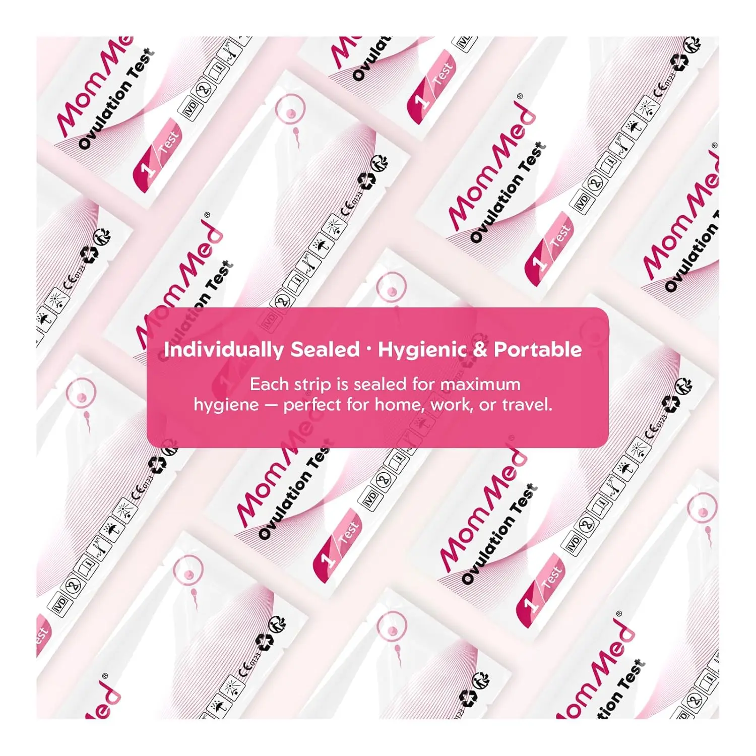 MomMed 50 LH ovulation predictor kit with collection cups for women provides over 99% accuracy for high-precision ovulation testing at home, safely and hygienically packaged.