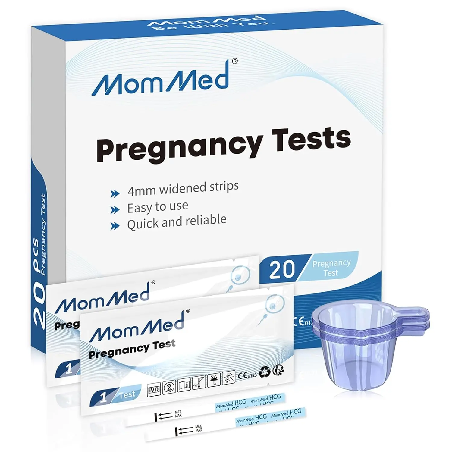 MomMed pregnancy test strips kit for early and reliable detection with over 99% accuracy, individually sealed for hygienic use, and including free urine collection cups.