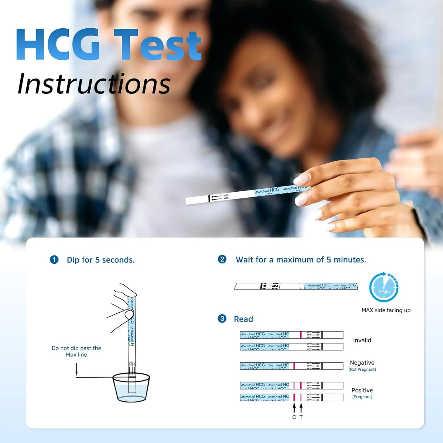 MomMed pregnancy test strips kit for early and reliable detection with over 99% accuracy, individually sealed for hygienic use, and including free urine collection cups.