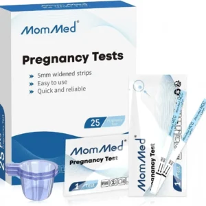 This pregnancy test kit includes 25 HCG test strips and 25 urine collection cups for accurate and early at-home pregnancy testing.
