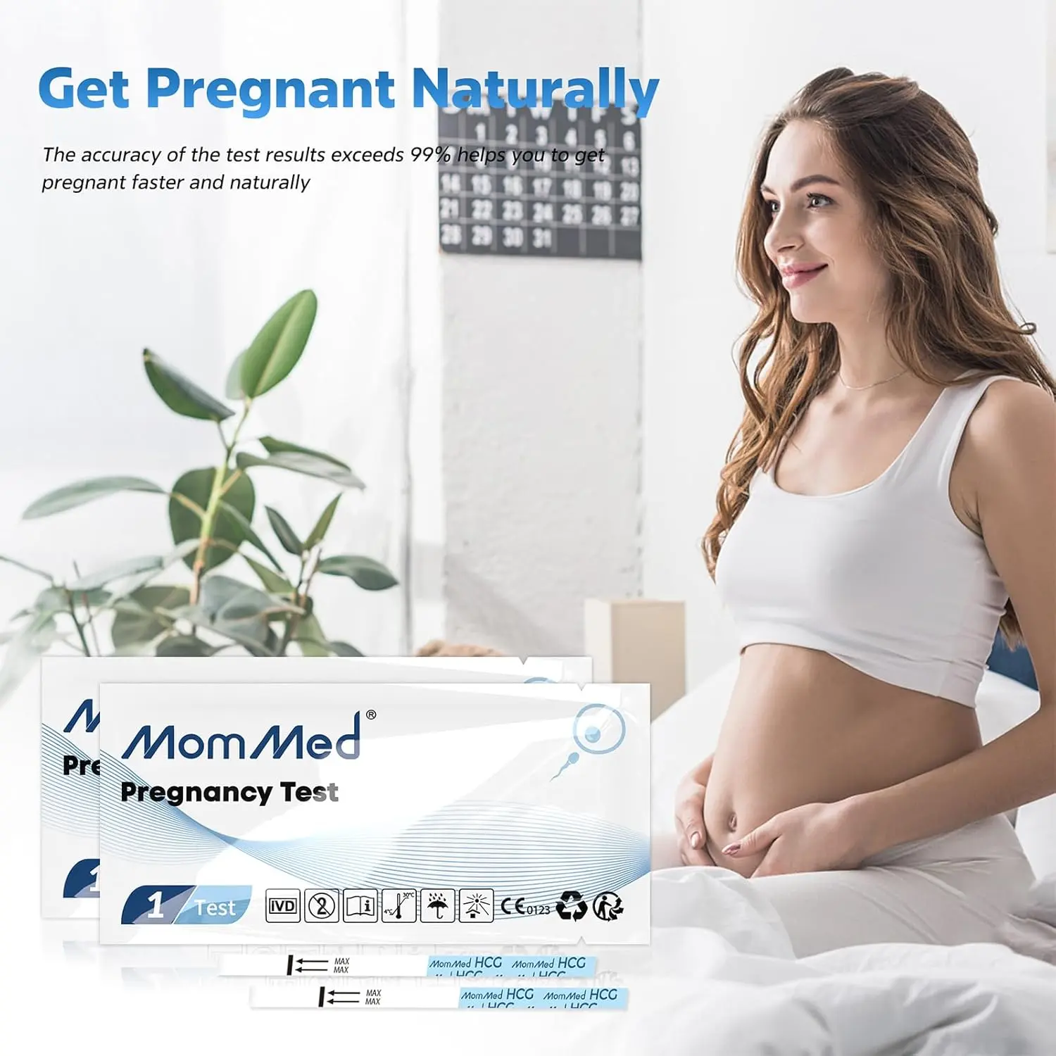MomMed pregnancy test strips provide early detection with over 99% accuracy and include free urine cups for easy and hygienic home use.