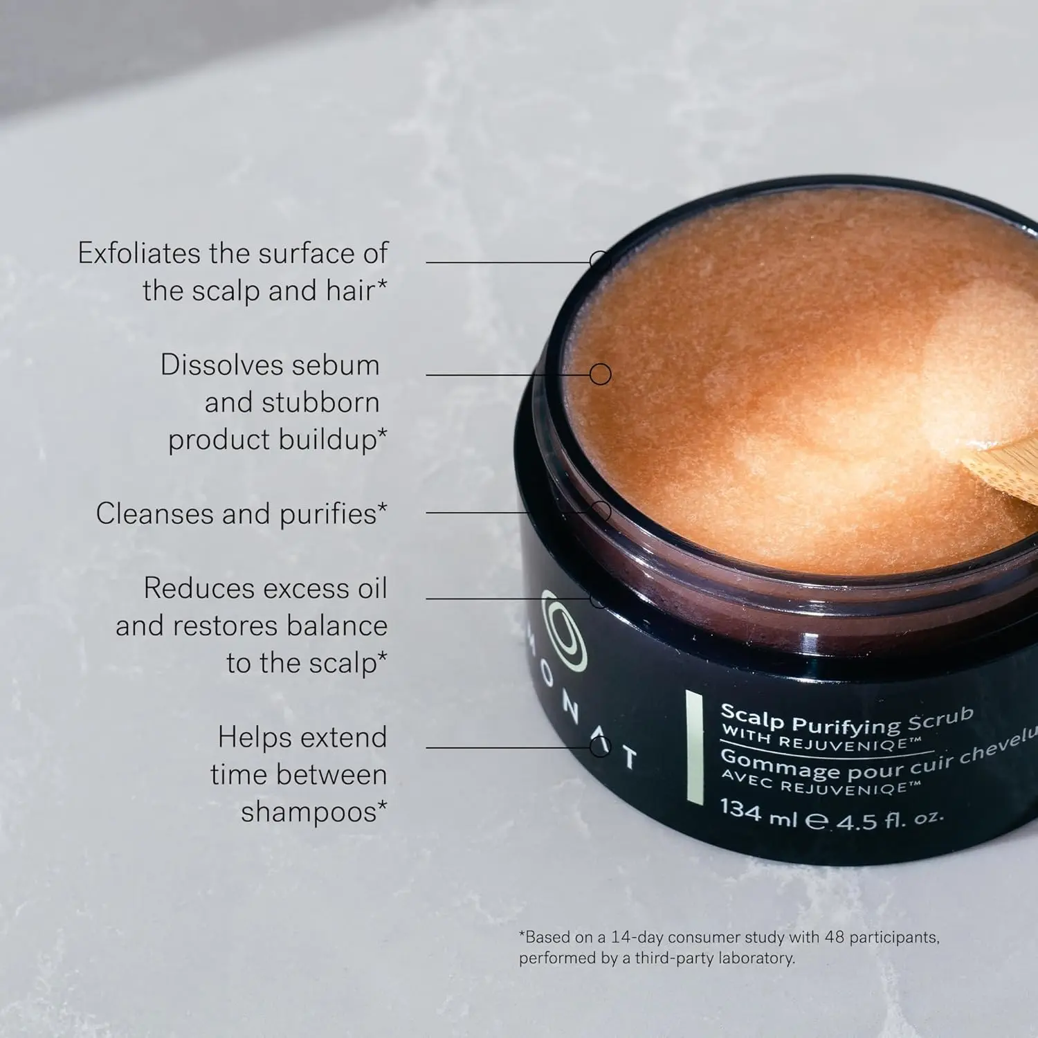 MONAT scalp scrub with Rejuveniqe deeply cleanses and purifies the scalp, removing dead skin cells and restoring balance for fresh, healthy hair.