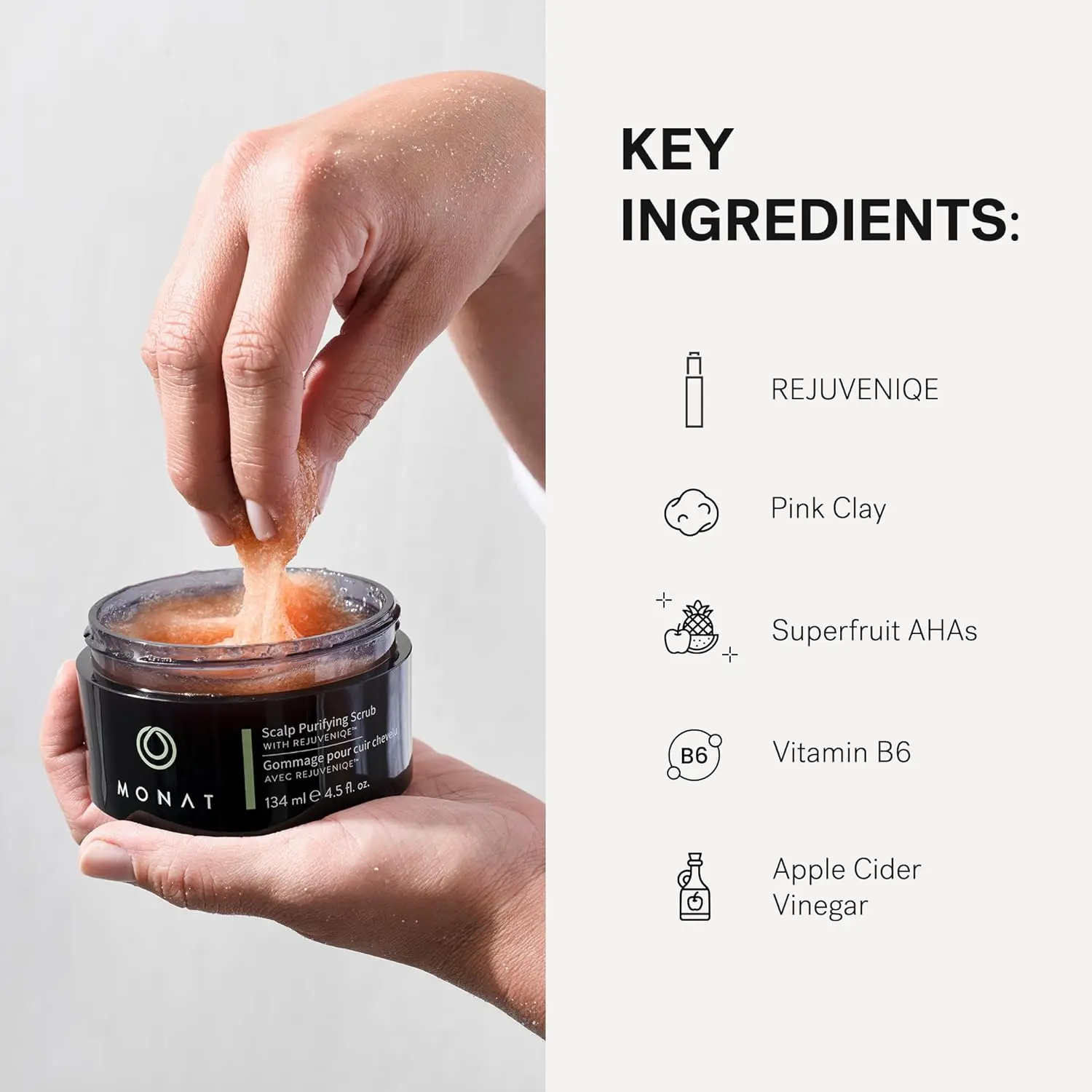 MONAT scalp scrub with Rejuveniqe deeply cleanses and purifies the scalp, removing dead skin cells and restoring balance for fresh, healthy hair.