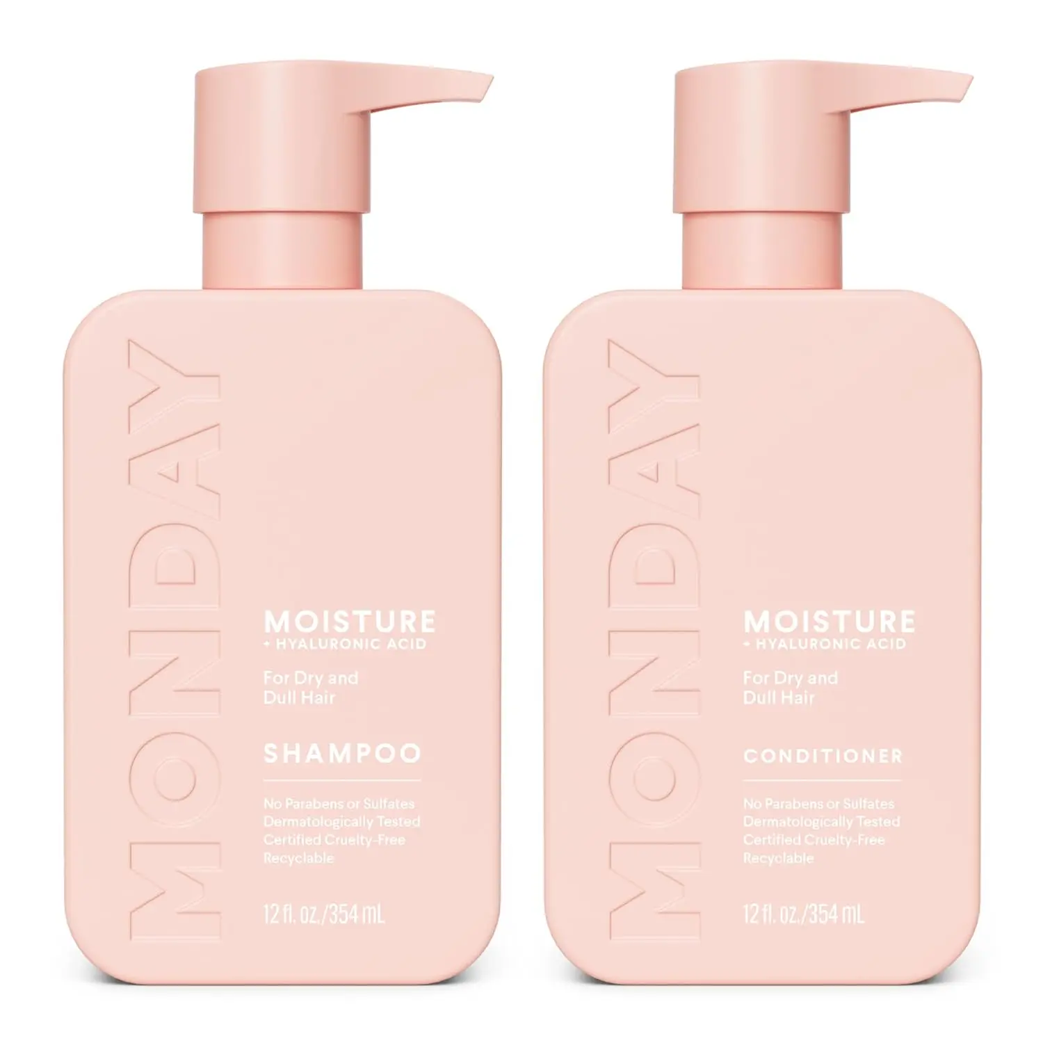 MONDAY Moisture shampoo and conditioner set for dry, stressed, coily and curly hair, in 100% recyclable pink bottles, enriched with coconut oil, rice protein, shea butter and vitamin E, and certified cruelty-free.