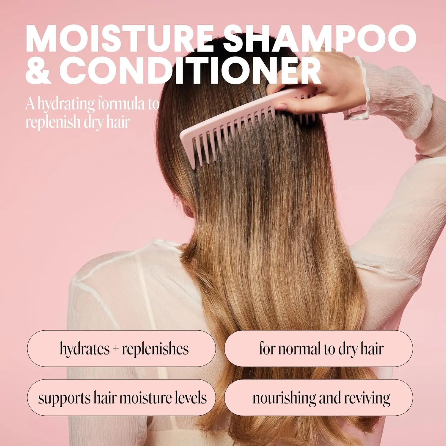 MONDAY Moisture shampoo and conditioner set for dry, stressed, coily and curly hair, in 100% recyclable pink bottles, enriched with coconut oil, rice protein, shea butter and vitamin E, and certified cruelty-free.