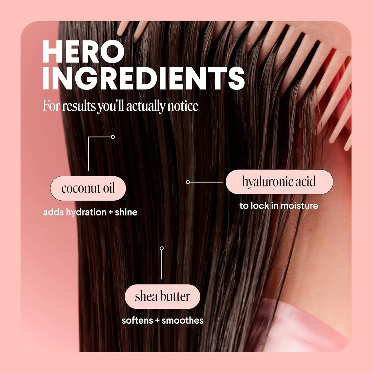 MONDAY Moisture shampoo and conditioner set for dry, stressed, coily and curly hair, in 100% recyclable pink bottles, enriched with coconut oil, rice protein, shea butter and vitamin E, and certified cruelty-free.