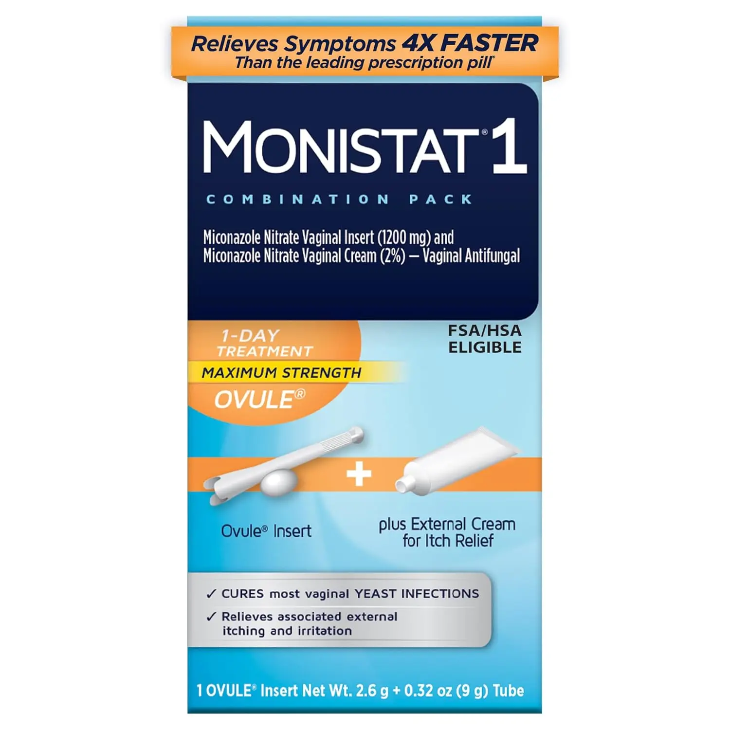 This is a Monistat 1-Day prefilled yeast infection treatment kit with an ovule insert, applicator, and anti-itch cream to relieve itching, irritation, redness, and discomfort.