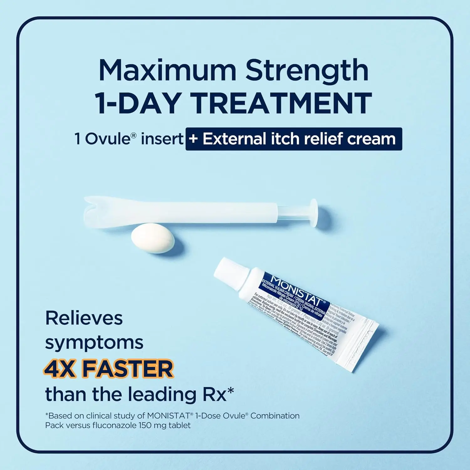 This is a Monistat 1-Day prefilled yeast infection treatment kit with an ovule insert, applicator, and anti-itch cream to relieve itching, irritation, redness, and discomfort.