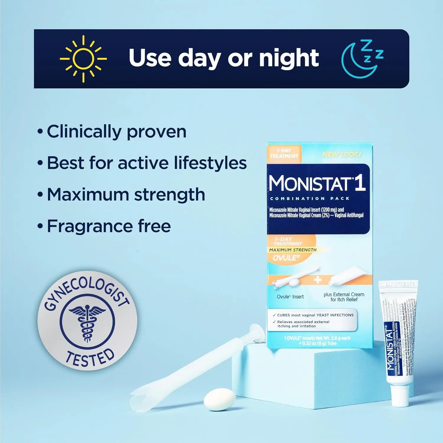 This is a Monistat 1-Day prefilled yeast infection treatment kit with an ovule insert, applicator, and anti-itch cream to relieve itching, irritation, redness, and discomfort.