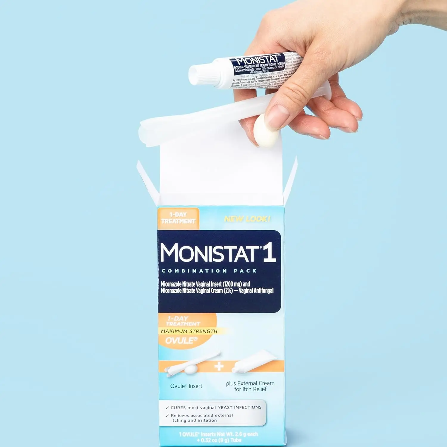 This is a Monistat 1-Day prefilled yeast infection treatment kit with an ovule insert, applicator, and anti-itch cream to relieve itching, irritation, redness, and discomfort.