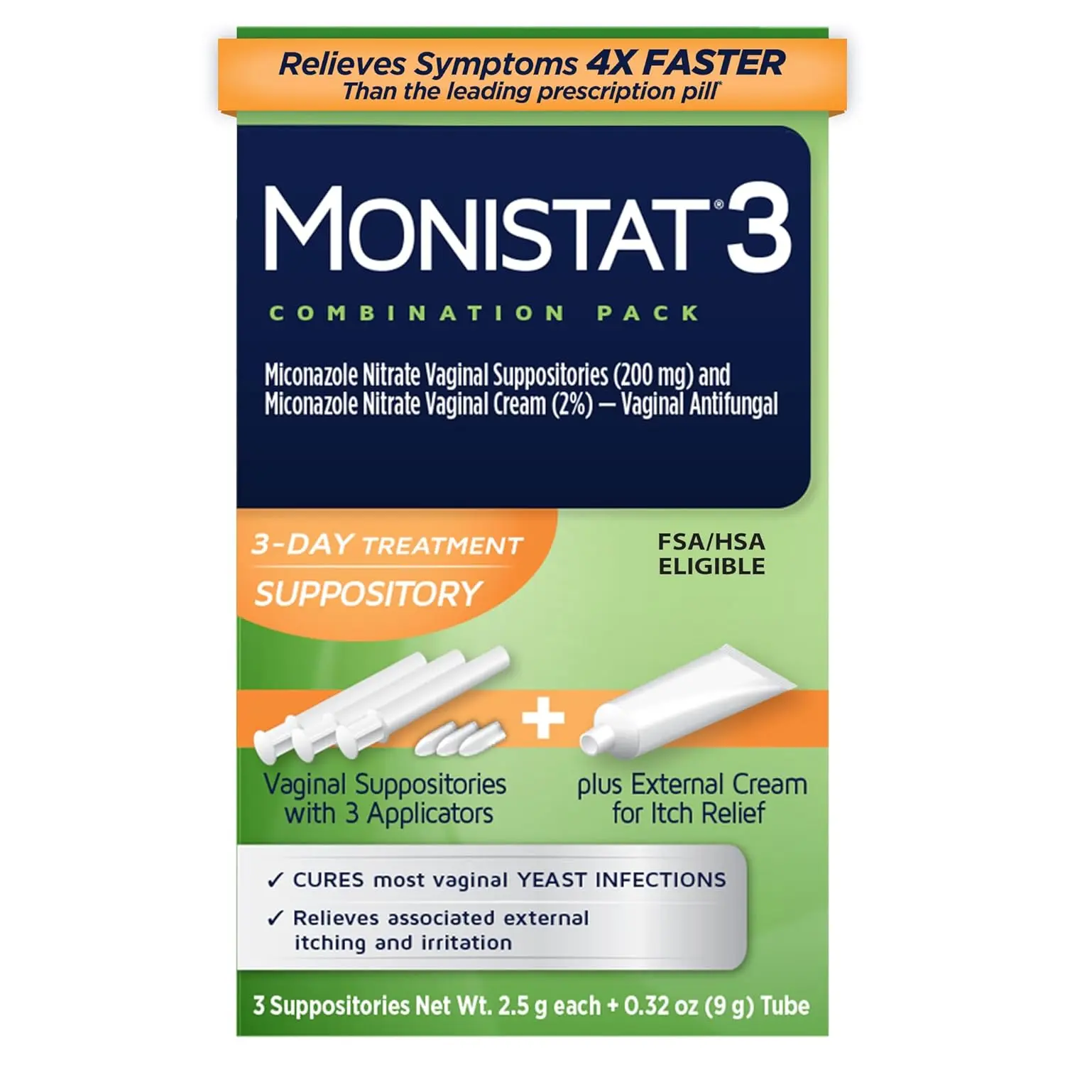 Monistat 3-Day yeast infection treatment provides relief from itching, irritation, and discomfort with suppositories and anti-itch cream.