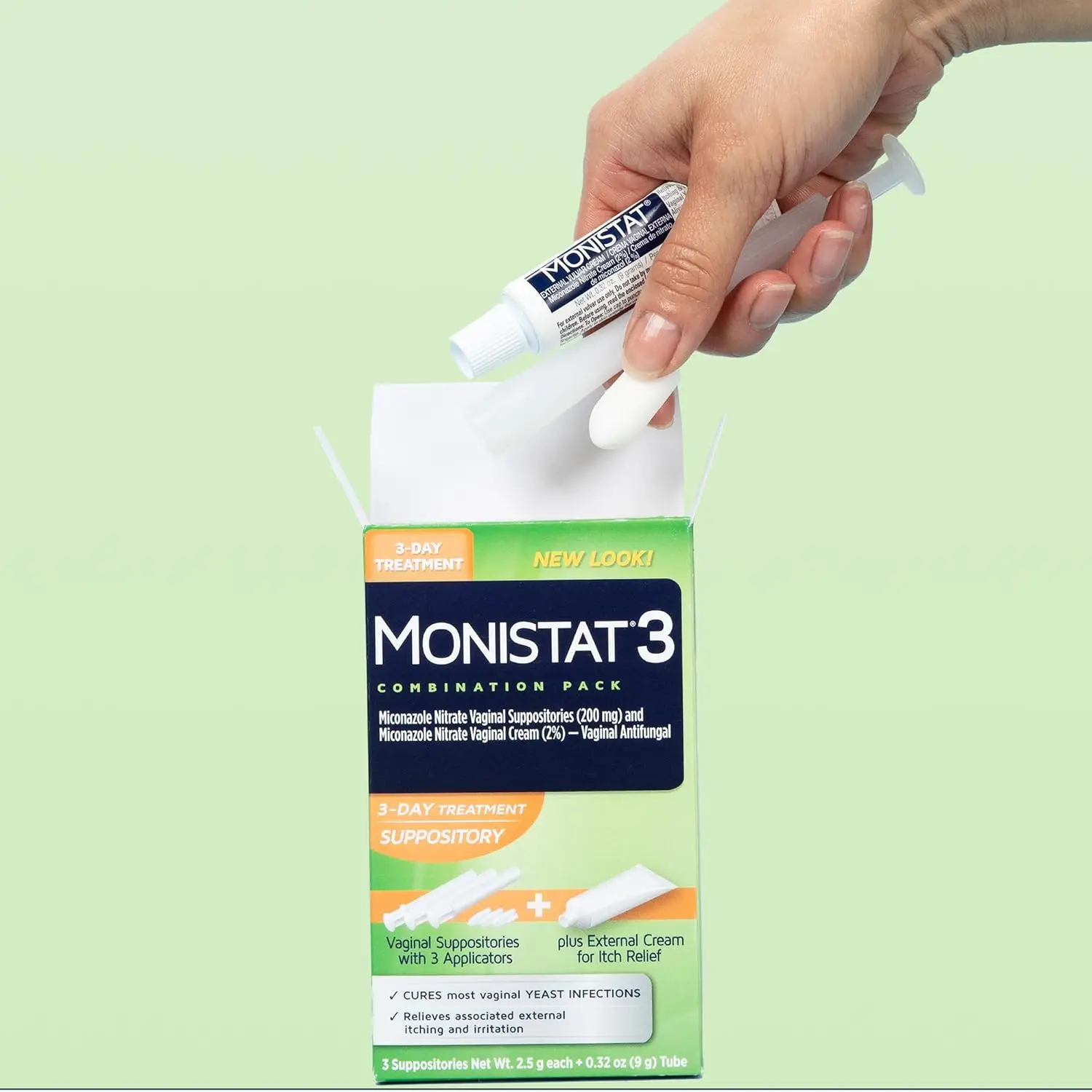 Monistat 3-Day yeast infection treatment provides relief from itching, irritation, and discomfort with suppositories and anti-itch cream.