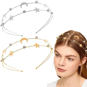 Two alloy moon and five-pointed star headbands are perfect wedding hair accessories for elegant women and girls.