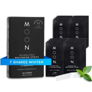 MOON teeth whitening strips promise to whiten teeth up to 7 shades in two weeks with a gentle, enamel-safe formula that is safe for sensitive teeth.