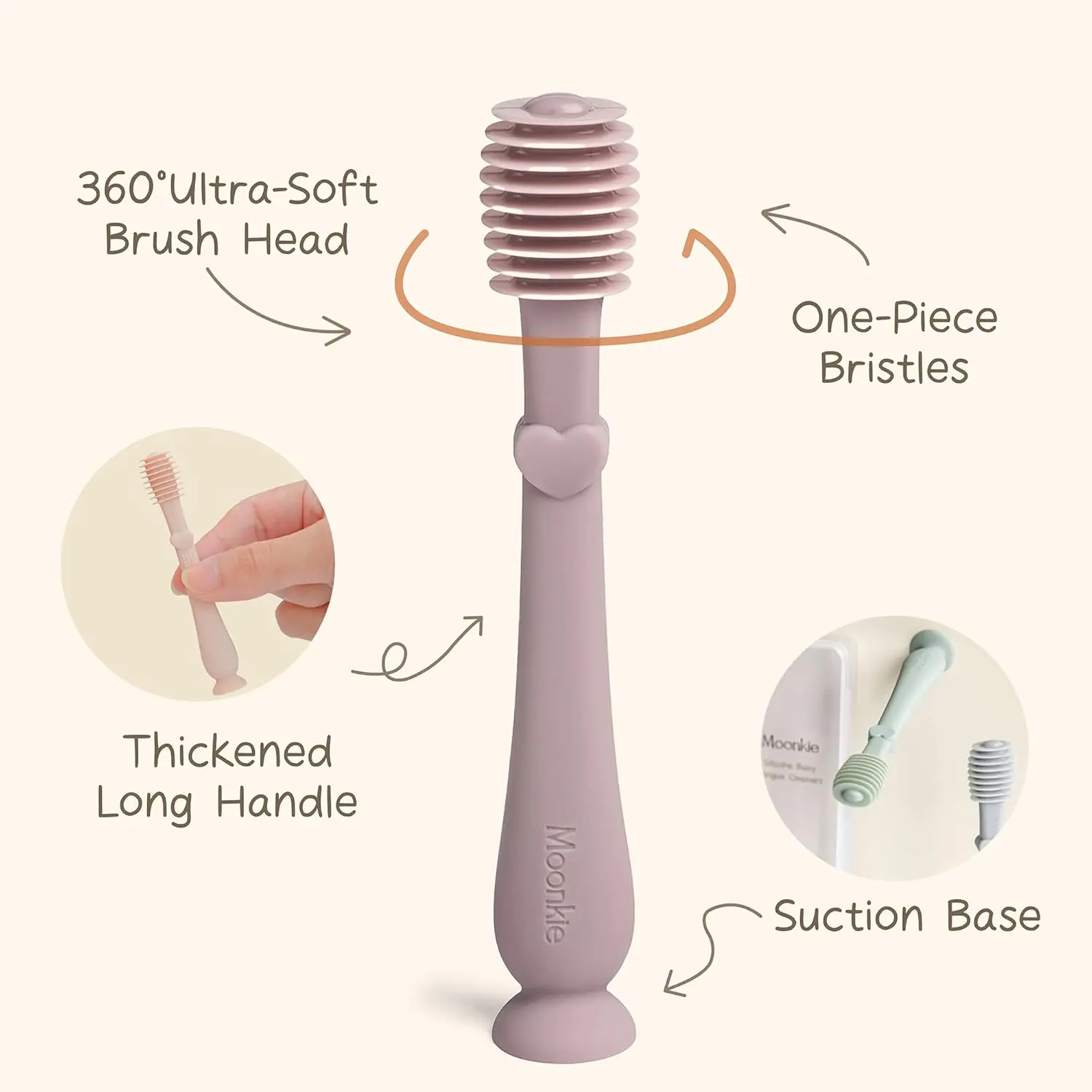 The Moonkie baby toothbrush set includes a silicone finger brush and tongue cleaner for gentle and effective oral care for babies 3 months and older.