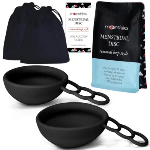 MOONTHLIES reusable menstrual disc is an eco-friendly feminine hygiene alternative to menstrual cups, featuring a removal loop stem for easy use and comfortable wear for light or heavy flow.