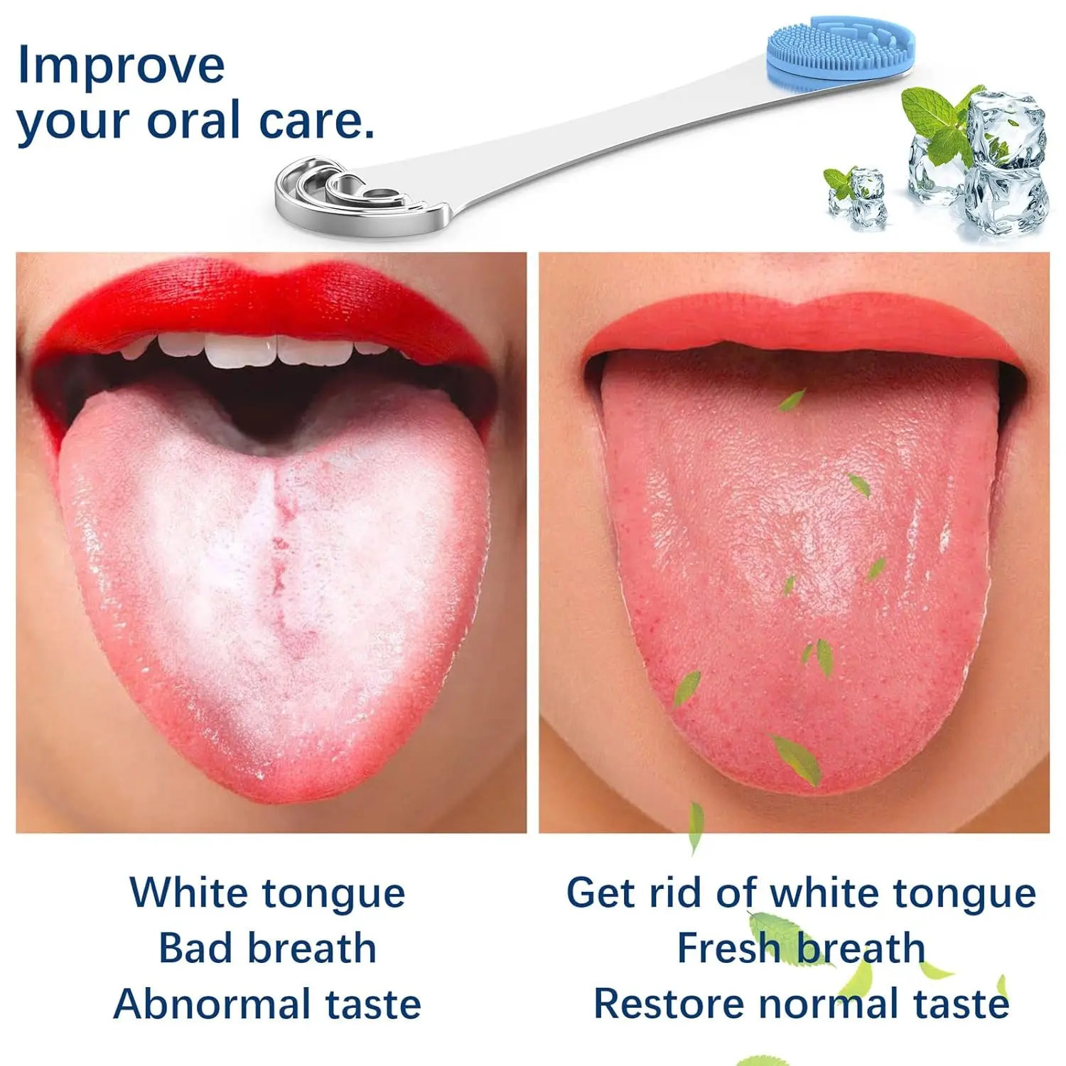 A stainless steel Moosec tongue scraper with a dual-cleaning head designed to reduce bad breath and remove white tongue buildup.