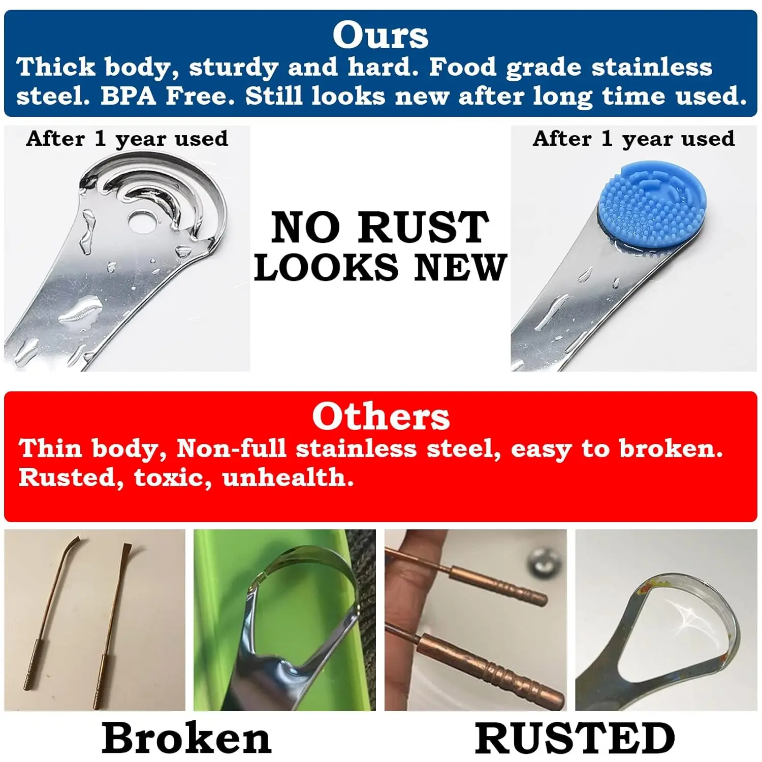 A stainless steel Moosec tongue scraper with a dual-cleaning head designed to reduce bad breath and remove white tongue buildup.