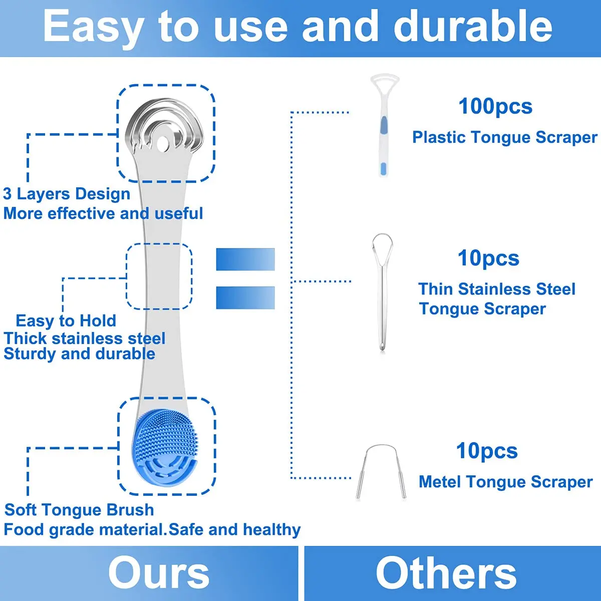 A stainless steel Moosec tongue scraper with a dual-cleaning head designed to reduce bad breath and remove white tongue buildup.