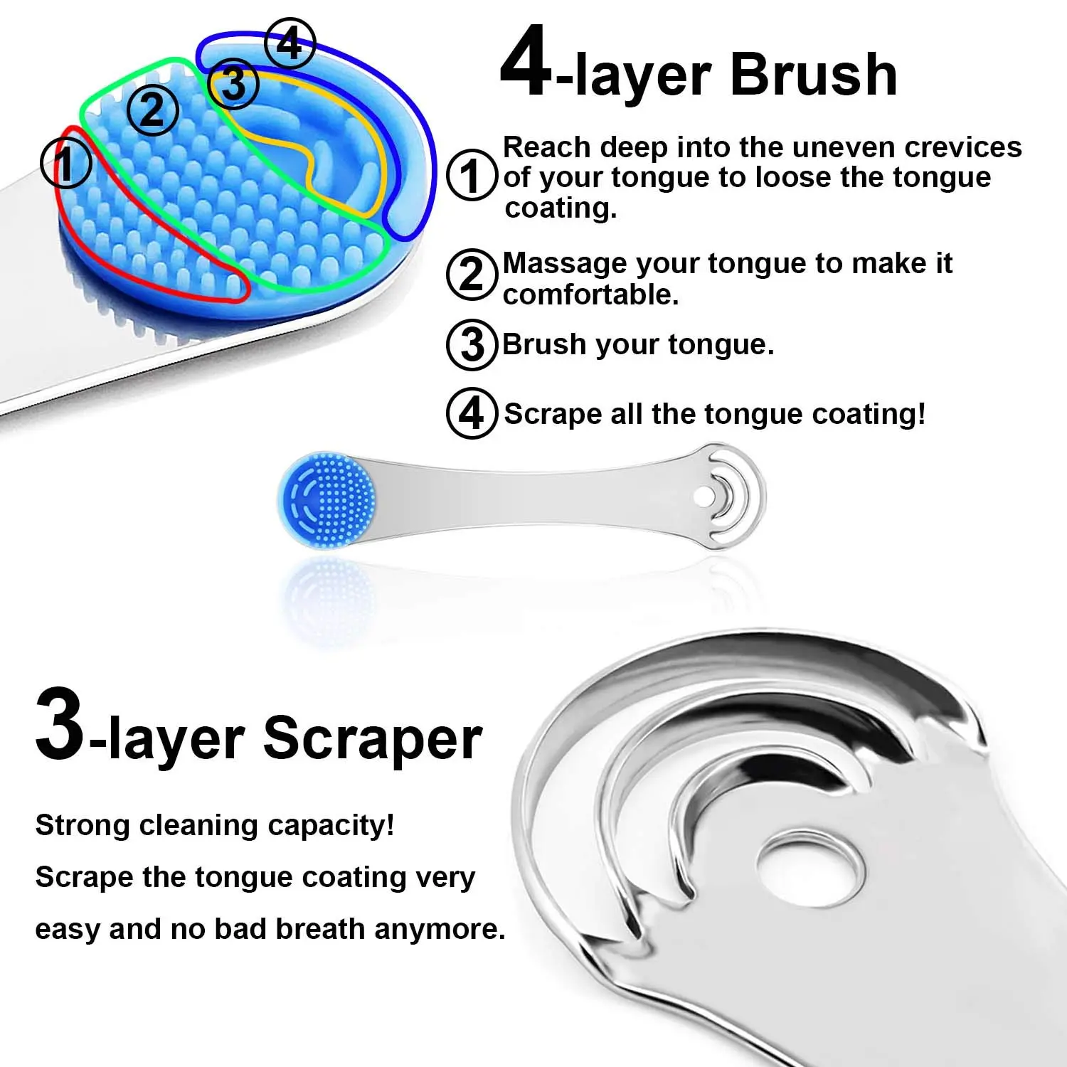 A stainless steel Moosec tongue scraper with a dual-cleaning head designed to reduce bad breath and remove white tongue buildup.