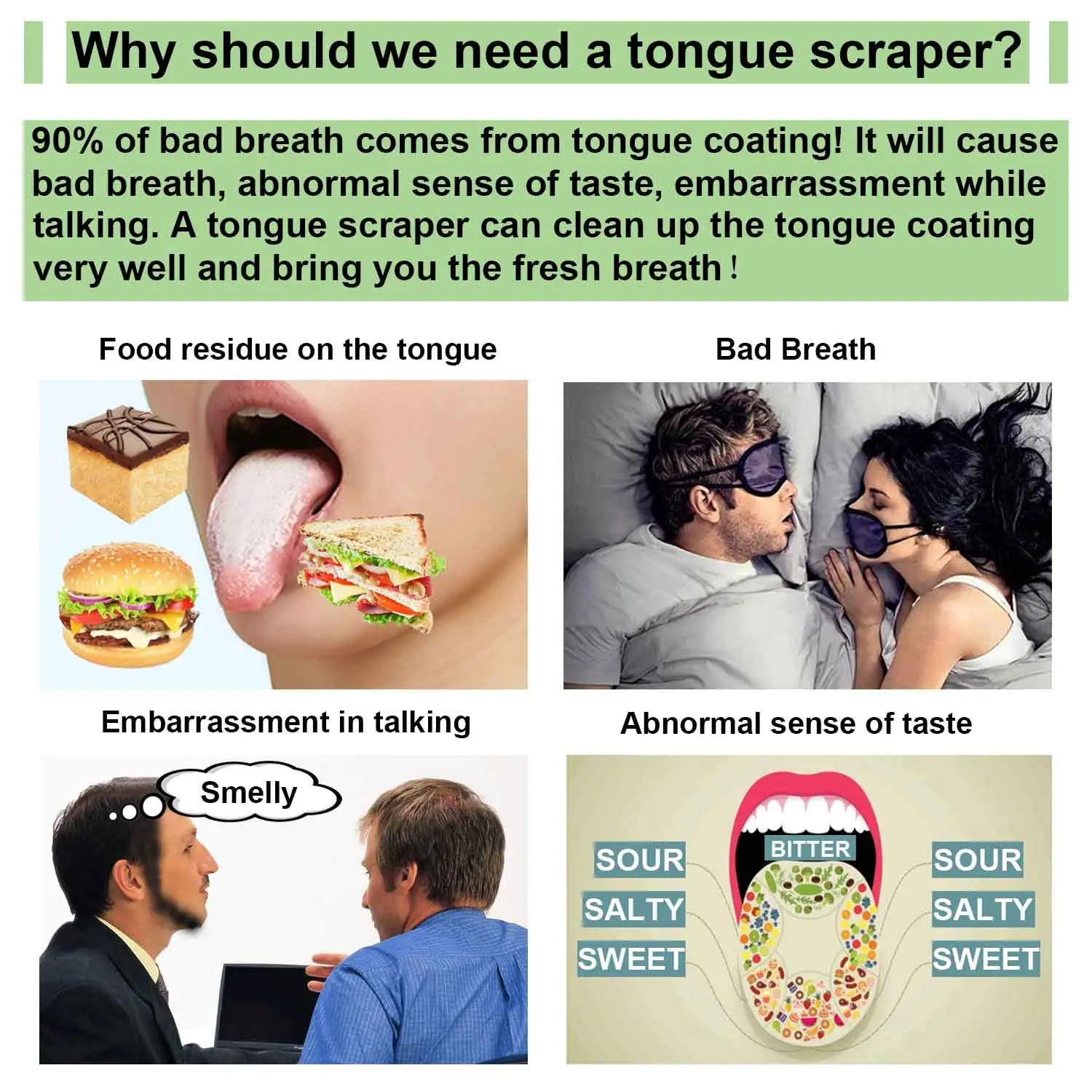 A stainless steel Moosec tongue scraper with a dual-cleaning head designed to reduce bad breath and remove white tongue buildup.