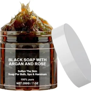 Authentic Moroccan black soap with rose extract, argan oil and olive paste gently exfoliates, cleanses, and nourishes for smooth, radiant skin.