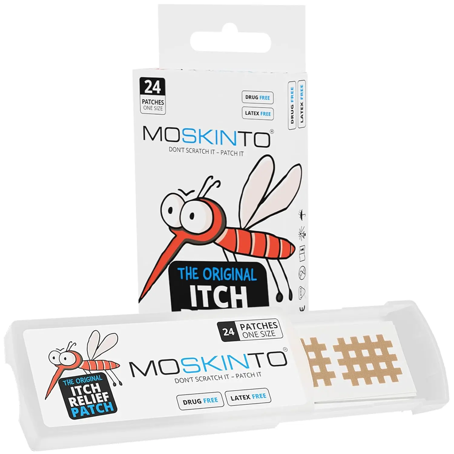 These are Moskinto bug bite relief patches from Apaloo Corp, designed to soothe itching and swelling for both kids and adults.