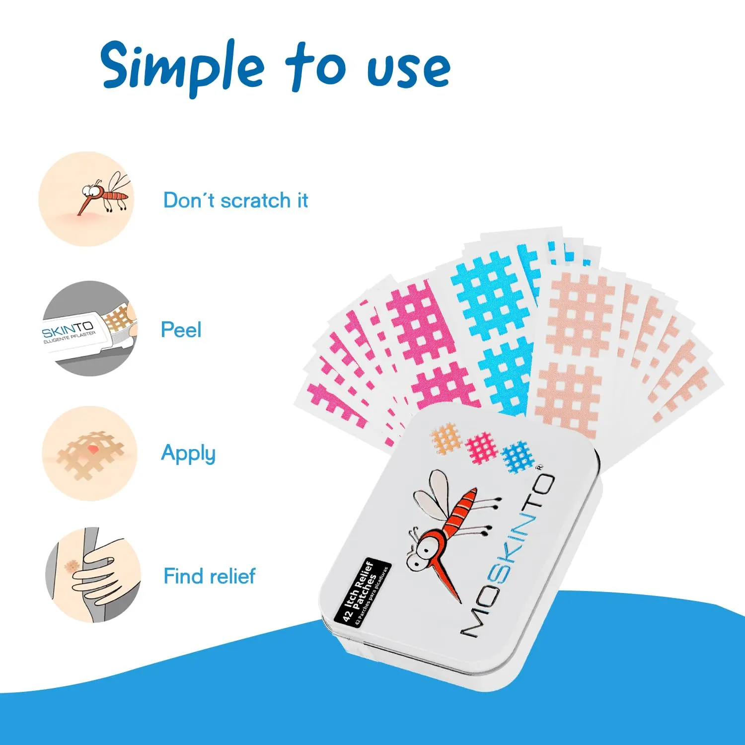 Close-up of Moskinto mosquito bite relief patches, designed to soothe swelling and itching for kids and adults after bug bites.