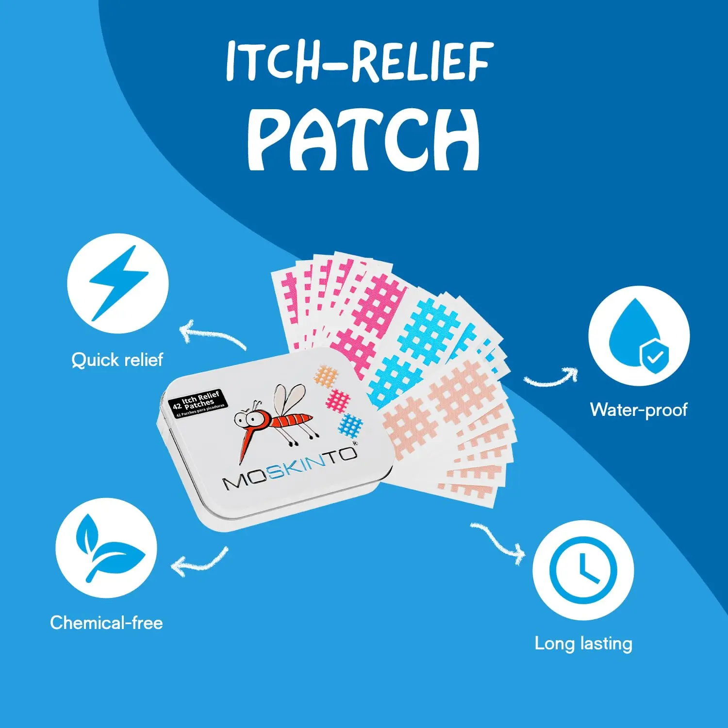 Close-up of Moskinto mosquito bite relief patches, designed to soothe swelling and itching for kids and adults after bug bites.