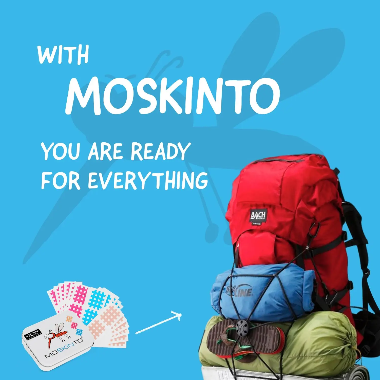Close-up of Moskinto mosquito bite relief patches, designed to soothe swelling and itching for kids and adults after bug bites.