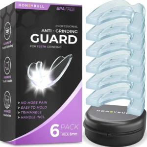Six custom-fit mouth guards in two sizes, designed for comfortable day or night use to protect against teeth grinding, clenching, and bruxism, and includes a convenient storage case and safe, BPA-free materials.