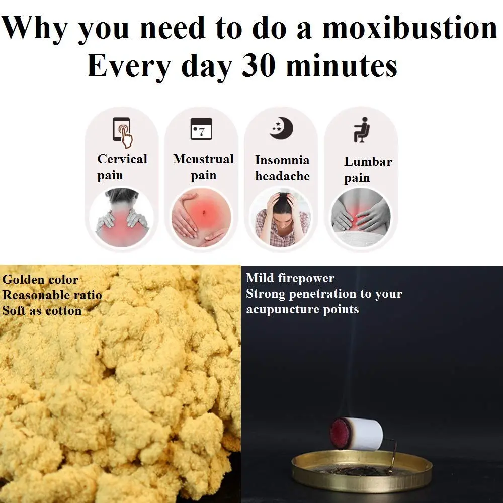 This image shows 54 moxibustion rolls made with a 60:1 ratio and 10-years purity, designed to warm meridians, increase circulation, boost immunity, and provide pain relief.