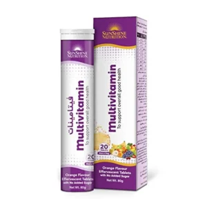 Sunshine Nutrition multivitamin effervescent tablets in orange flavor provide essential vitamins and minerals to boost energy, support overall health, and beat stress.