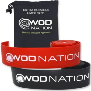WOD Nation muscle floss bands in black and red, used for muscle recovery and improved mobility, come with a carrying case.