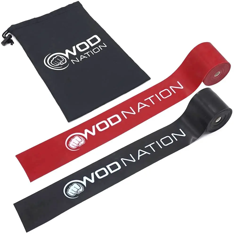 WOD Nation muscle floss bands in black and red, used for muscle recovery and improved mobility, come with a carrying case.