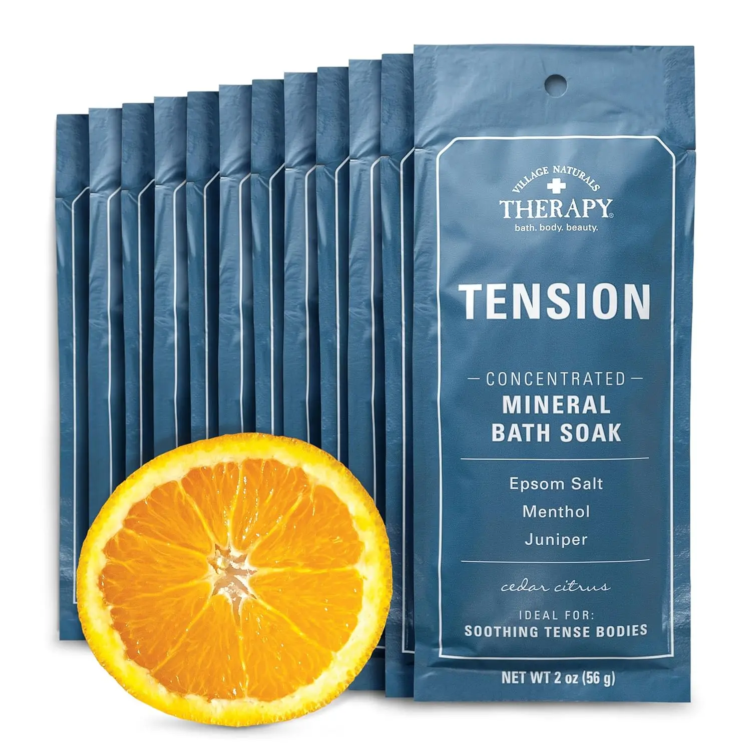 Twelve single-use packets of Village Naturals Therapy Aches & Pains Tension Relief Mineral Bath Soak with Juniper, Orange and Menthol, for on-the-go muscle relaxation.