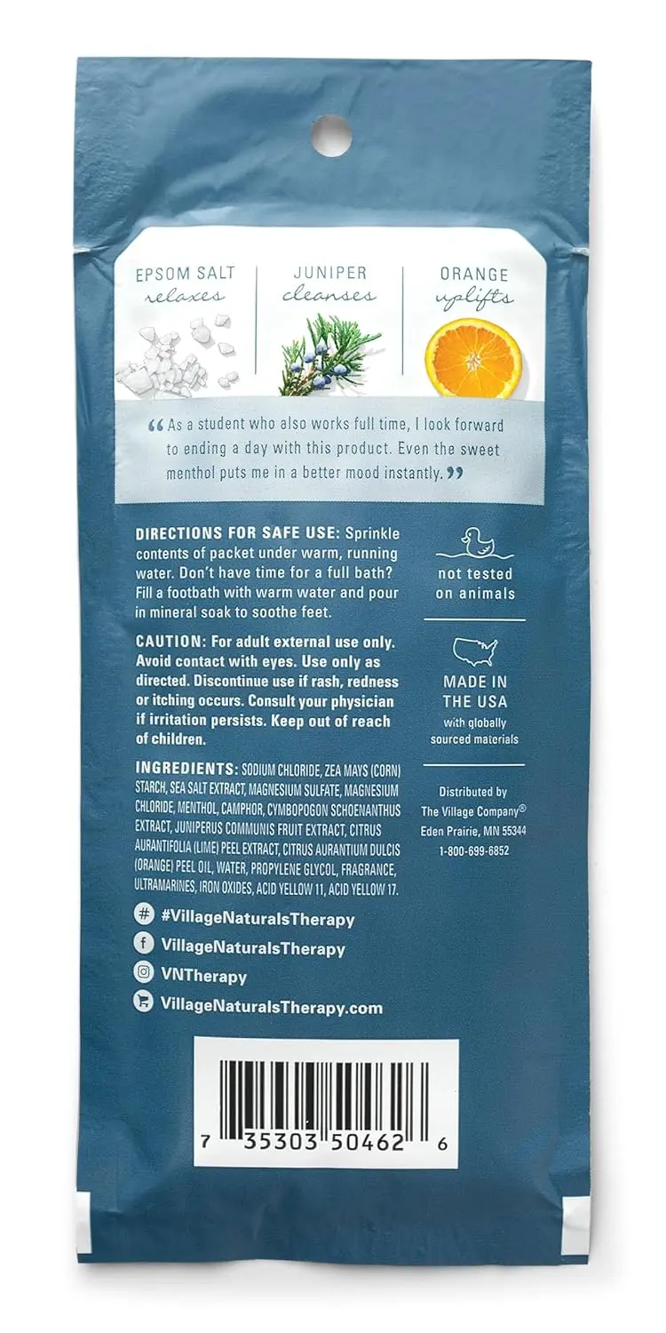 Twelve single-use packets of Village Naturals Therapy Aches & Pains Tension Relief Mineral Bath Soak with Juniper, Orange and Menthol, for on-the-go muscle relaxation.