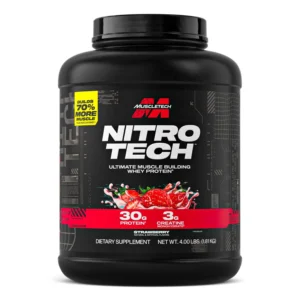 MuscleTech Nitro-Tech whey protein powder in strawberry flavor helps build lean muscle, increase strength, and enhance performance for both men and women.