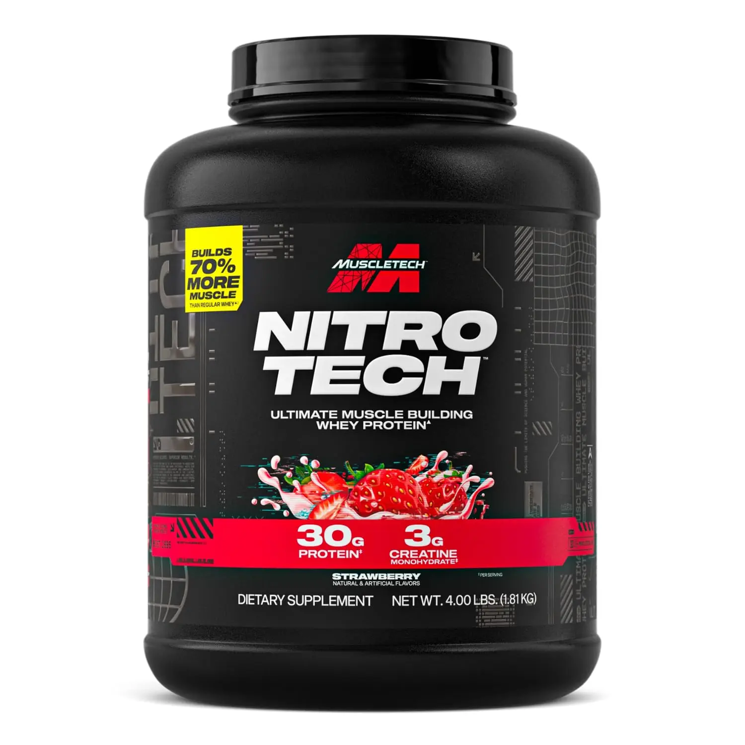 MuscleTech Nitro-Tech whey protein powder in strawberry flavor helps build lean muscle, increase strength, and enhance performance for both men and women.