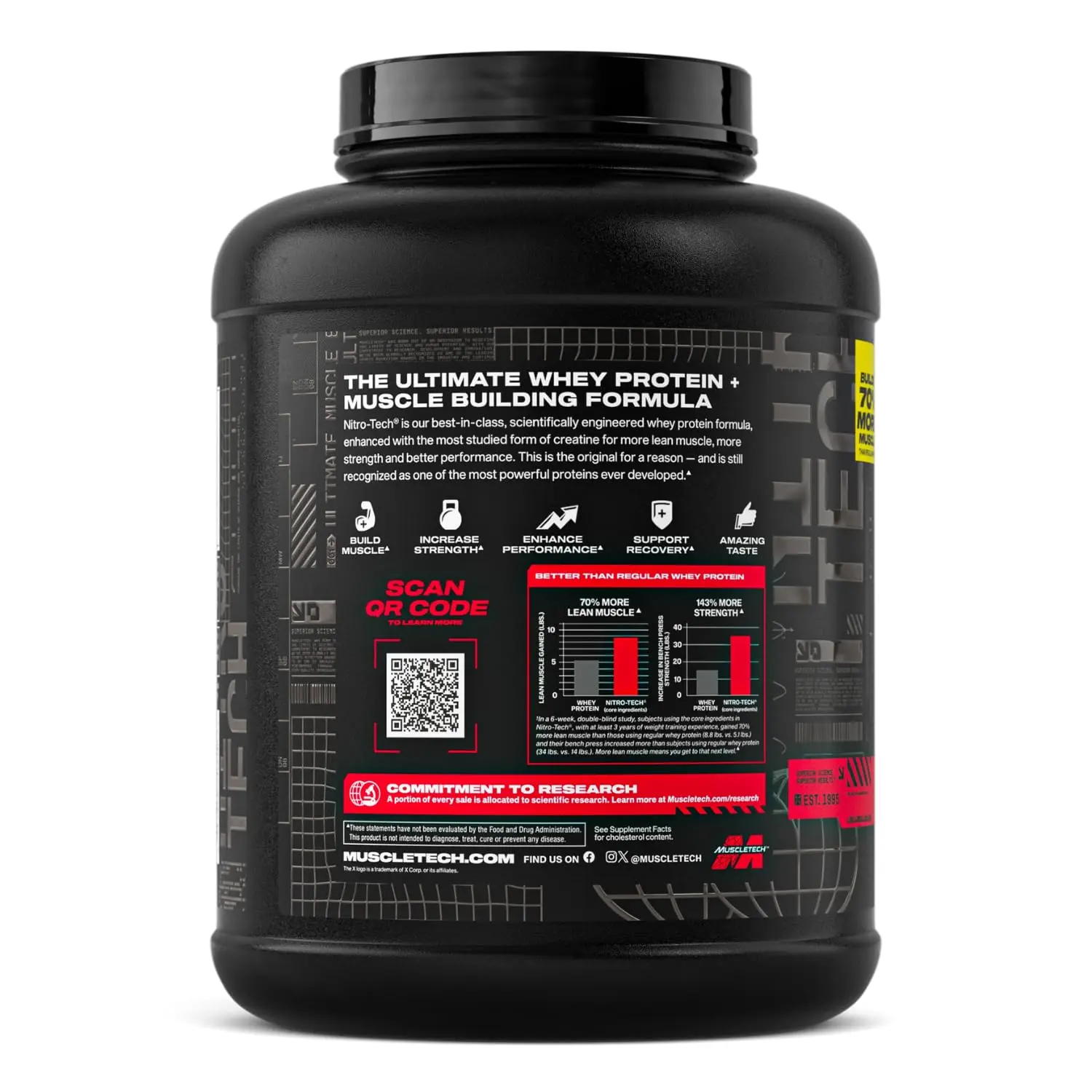 MuscleTech Nitro-Tech whey protein powder in strawberry flavor helps build lean muscle, increase strength, and enhance performance for both men and women.