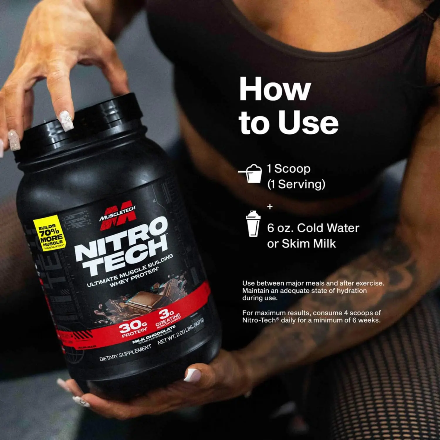 MuscleTech Nitro-Tech whey protein powder in strawberry flavor helps build lean muscle, increase strength, and enhance performance for both men and women.