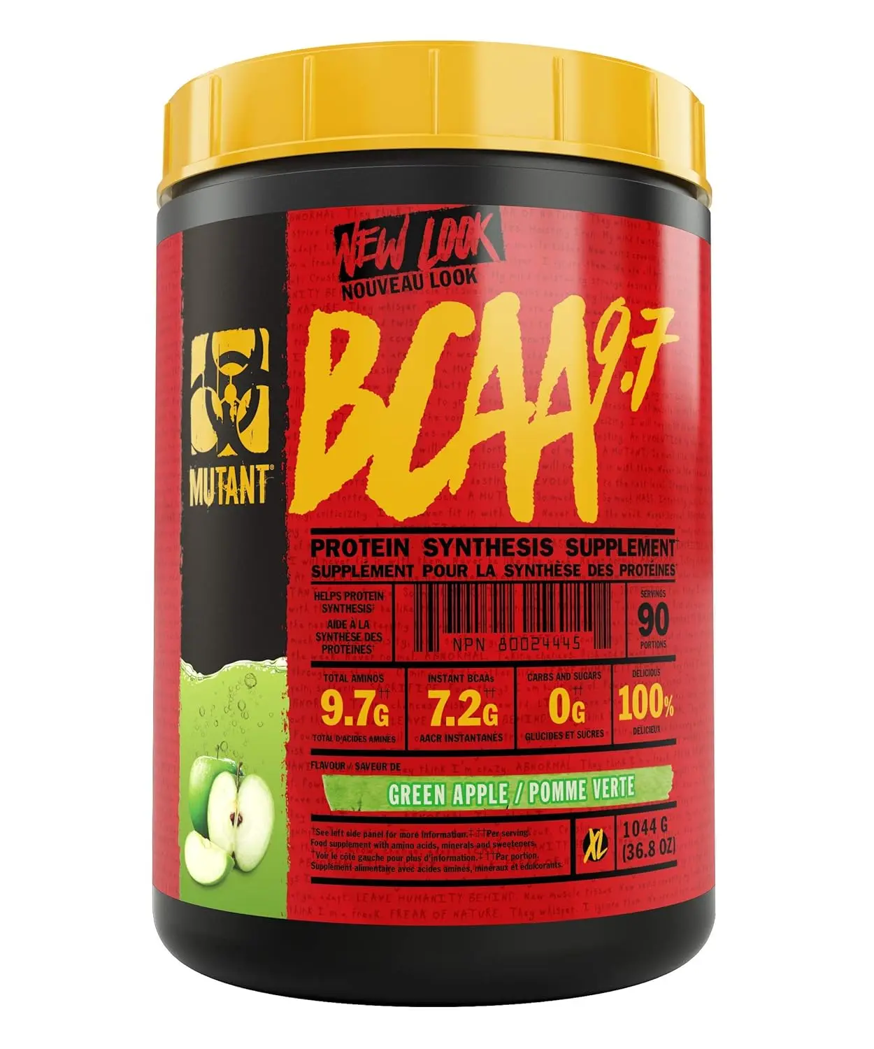 This is a tub of Mutant BCAA 9.7 in Green Apple flavor, a supplement designed to aid muscle recovery and growth, with 1044 grams of product.