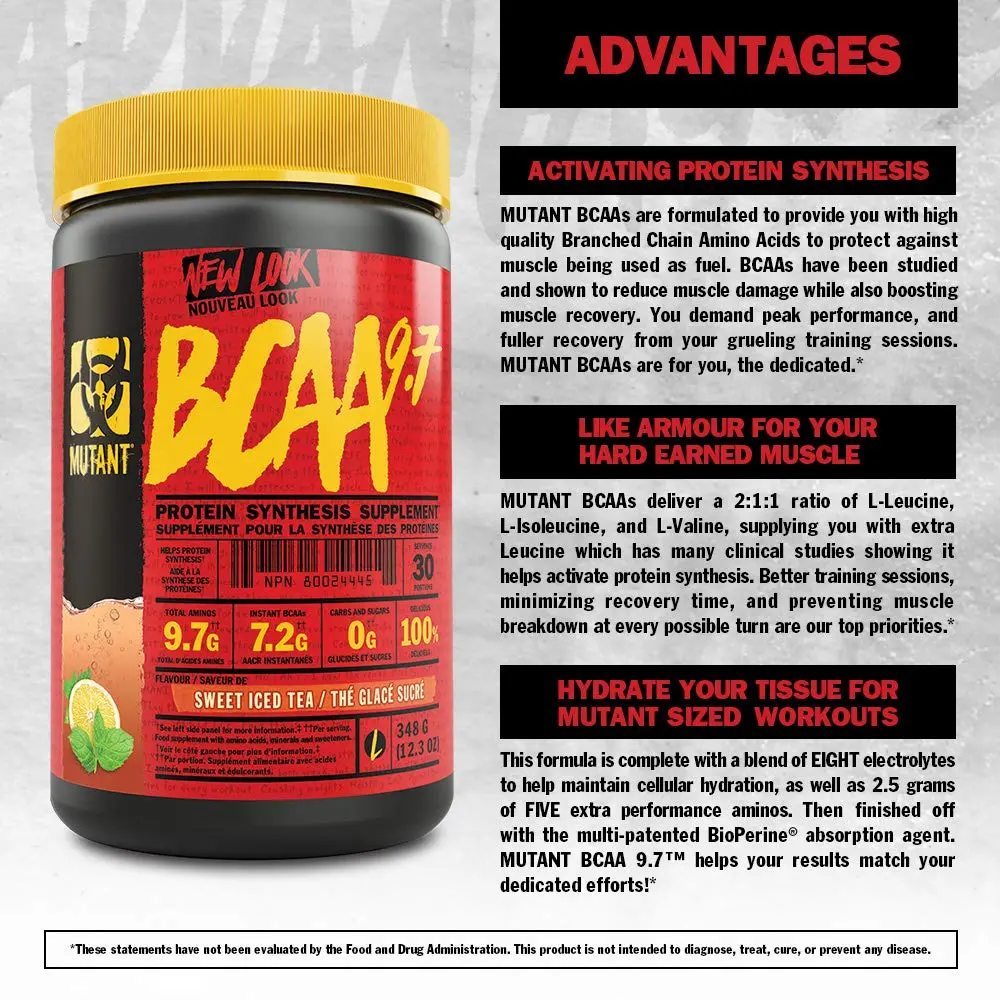 This is a tub of Mutant BCAA 9.7 in Green Apple flavor, a supplement designed to aid muscle recovery and growth, with 1044 grams of product.