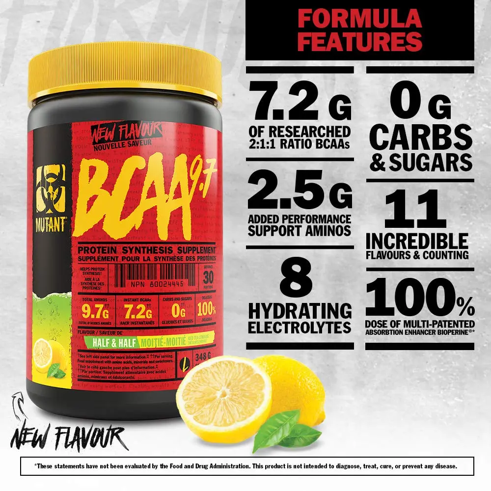 This is a tub of Mutant BCAA 9.7 in Green Apple flavor, a supplement designed to aid muscle recovery and growth, with 1044 grams of product.