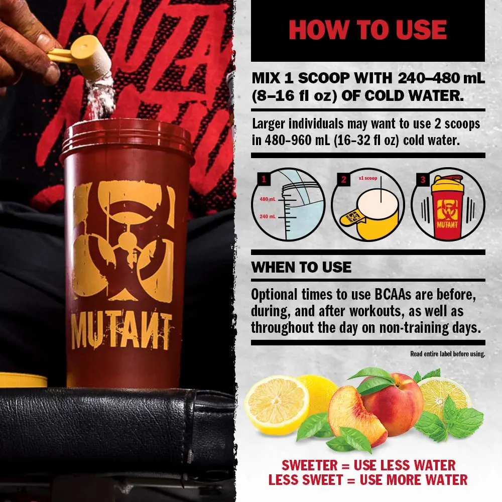 This is a tub of Mutant BCAA 9.7 in Green Apple flavor, a supplement designed to aid muscle recovery and growth, with 1044 grams of product.