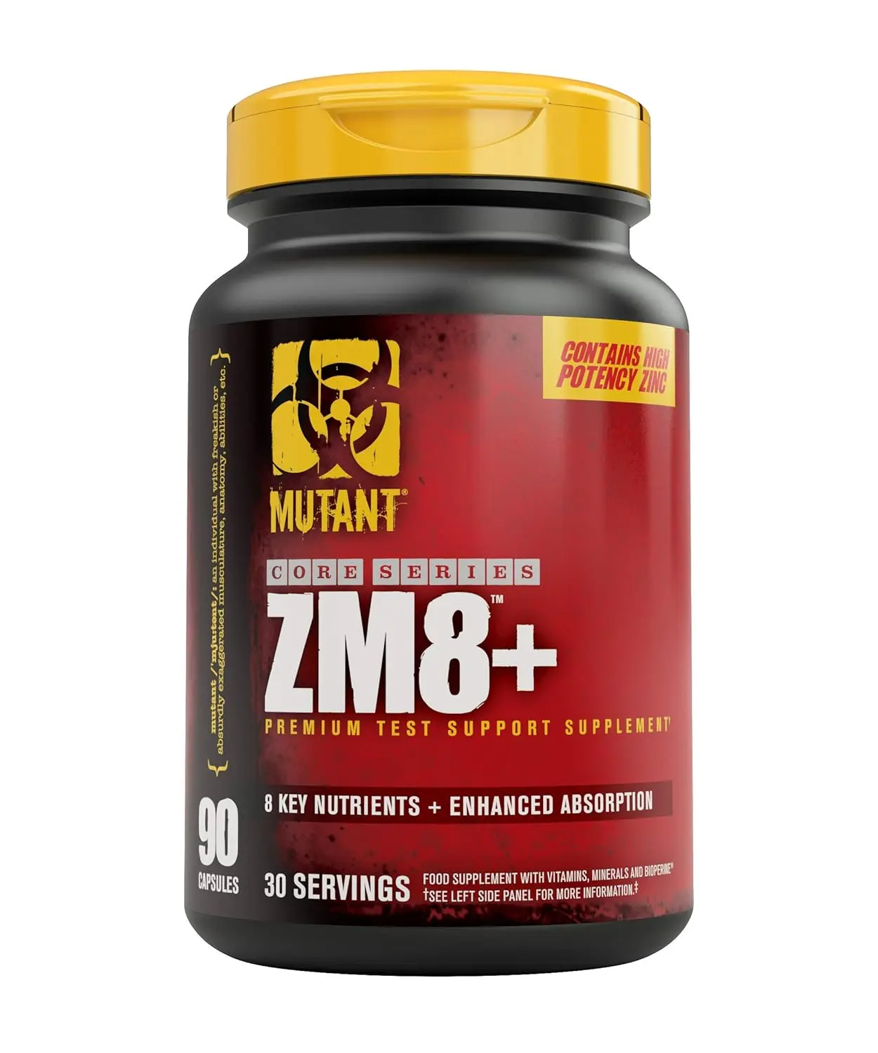 This is a bottle of MUTANT CORE SERIES ZM8+ dietary supplement containing 90 capsules.