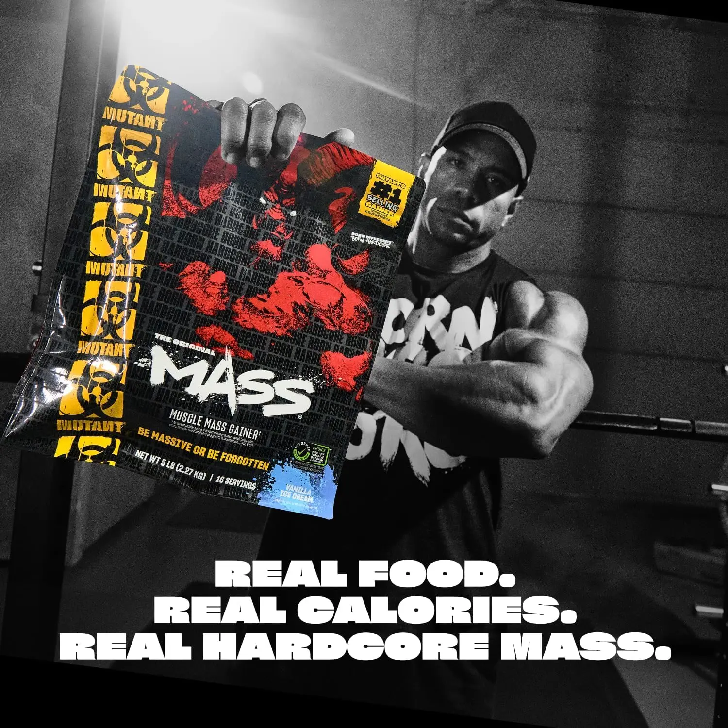 This image showcases a 6.8KG bag of Mutant Mass Vanilla Ice Cream flavored weight gainer supplement.